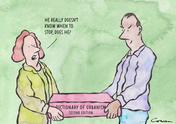 A cartoon of 2 people fighting over the dictionary of urbanism